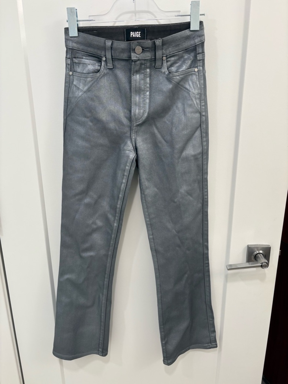 PAIGE Claudine High Waist Bootcut Jeans in Silver Shimmer Luxe Coating Size 25 - Picture 2 of 12